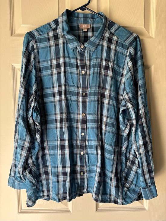 J. Jill Tops - J. Jill Teal and Navy Plaid Button-Front Shirt
